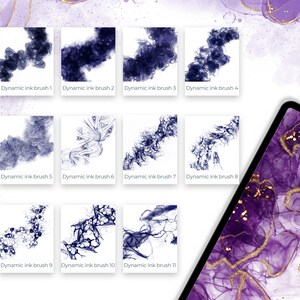 May include: Eleven digital ink brush designs in black and white on a white background. The brushes are labeled "Dynamic Ink Brush 1" through "Dynamic Ink Brush 11".