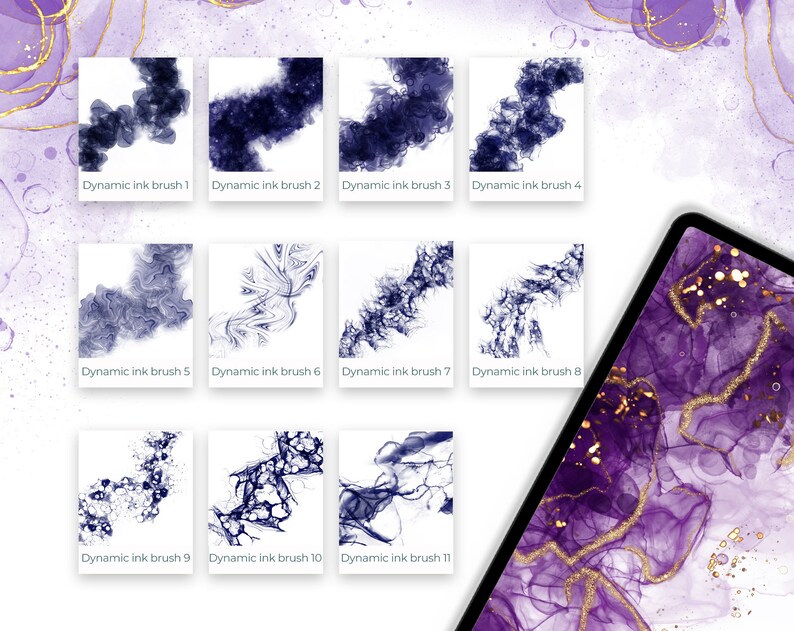 May include: Eleven digital ink brush designs in black and white on a white background. The brushes are labeled "Dynamic Ink Brush 1" through "Dynamic Ink Brush 11".