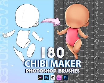 Photoshop Chibi maker brushes. Photoshop anime poses brush. Digital Procreate chibi body pose brushes stamps, Clip Studio Paint, Affinity