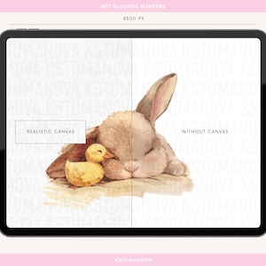 May include: A digital illustration of a brown bunny with closed eyes and a yellow duckling. The bunny is lying down with its head resting on the duckling. The image is divided into two sections, one labeled "Realistic Canvas" and the other labeled "Without Canvas".