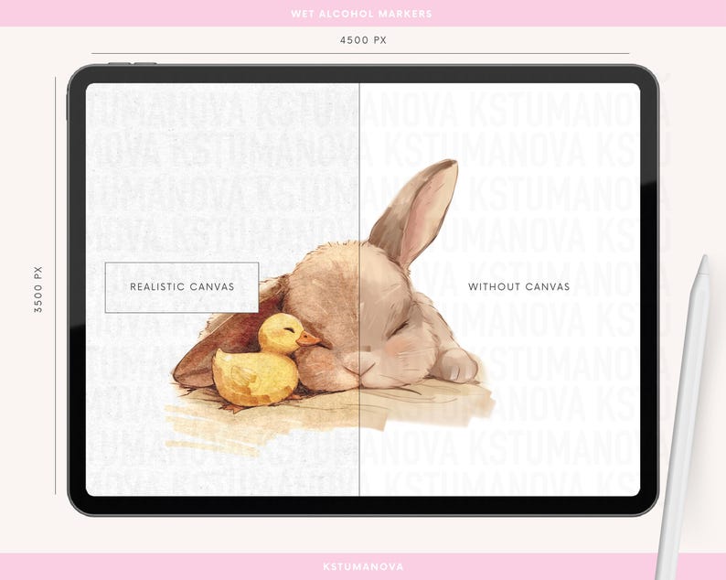 May include: A digital illustration of a brown bunny with closed eyes and a yellow duckling. The bunny is lying down with its head resting on the duckling. The image is divided into two sections, one labeled "Realistic Canvas" and the other labeled "Without Canvas".