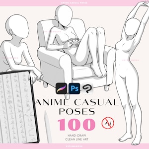 Puede incluir: Producto de arte digital con poses casuales de anime. La imagen muestra tres figuras en diferentes poses, una sentada en una silla y otra estirándose. El texto "ANIME CASUAL POSES" y "100" son visibles, junto con iconos de software.