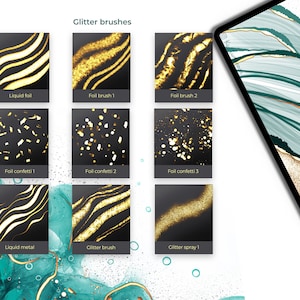 May include: A set of 10 digital glitter brushes for use in digital art programs. The brushes are shown on a black background and include liquid foil, foil brush, foil confetti, liquid metal, and glitter spray.