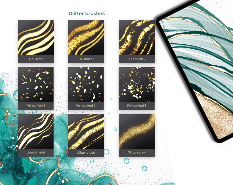May include: A set of 10 digital glitter brushes for use in digital art programs. The brushes are shown on a black background and include liquid foil, foil brush, foil confetti, liquid metal, and glitter spray.