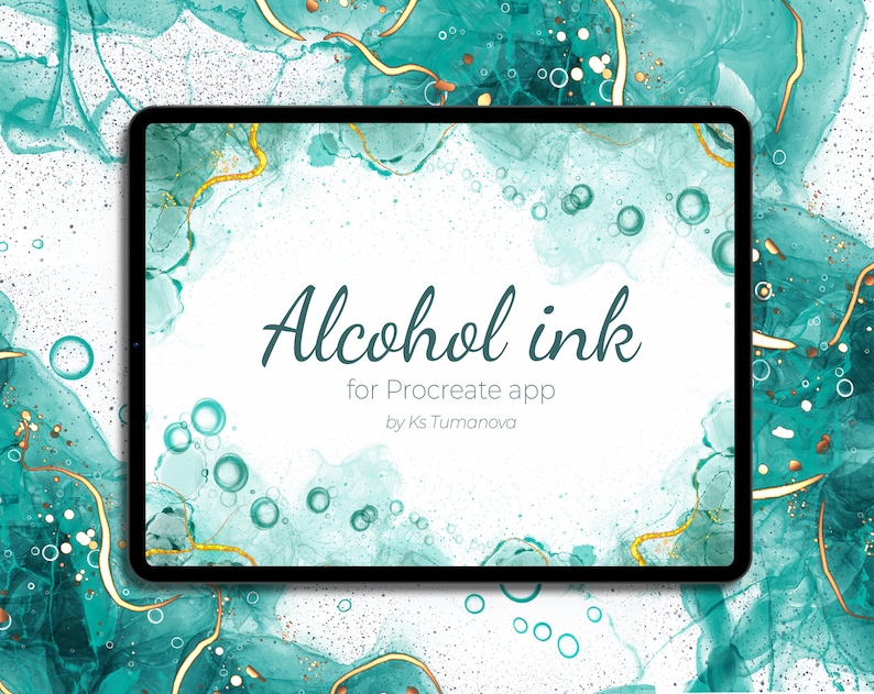 May include: A digital illustration of teal and gold alcohol ink on a white background. The image is displayed on a tablet screen with the text "Alcohol ink for Procreate app by Ks Tumanova".