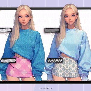 May include: Two digital illustrations of a woman with long blonde hair wearing a blue sweater and a skirt. The woman on the left is wearing a pink and white checkered skirt, while the woman on the right is wearing a white and blue patterned skirt. Both women are wearing a blue sweater with a white pattern.