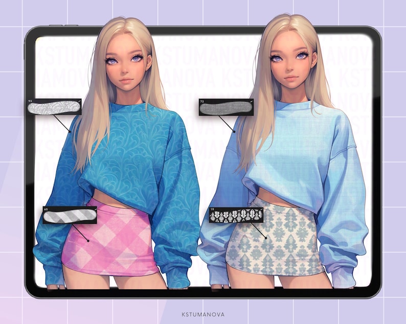 May include: Two digital illustrations of a woman with long blonde hair wearing a blue sweater and a skirt. The woman on the left is wearing a pink and white checkered skirt, while the woman on the right is wearing a white and blue patterned skirt. Both women are wearing a blue sweater with a white pattern.