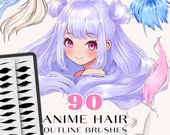 Anime Haar Procreate Umrissbürsten. Procreate Manga Stempel. Chibi Frisuren digitaler Pinselstempel