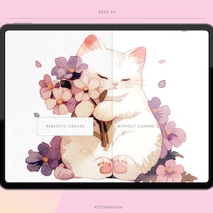 Op de afbeelding: Een witte kat met gesloten ogen ligt in een boeket roze en paarse bloemen. De afbeelding is in twee&euml;n gedeeld, waarbij de linkerzijde een realistische canvastextuur toont en de rechterzijde een schone, witte achtergrond. De tekst "Realist. Canvas" en "Zonder Canvas" wordt onder de kat weergegeven.