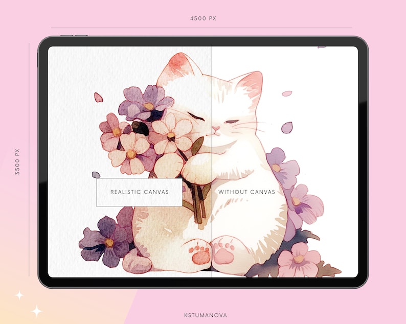 Op de afbeelding: Een witte kat met gesloten ogen ligt in een boeket roze en paarse bloemen. De afbeelding is in twee&euml;n gedeeld, waarbij de linkerzijde een realistische canvastextuur toont en de rechterzijde een schone, witte achtergrond. De tekst "Realist. Canvas" en "Zonder Canvas" wordt onder de kat weergegeven.