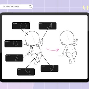 Op de afbeelding: Een digitale tablet toont een tutorial voor een lijntekening voor een chibi-personage. De tutorial bevat gelabelde lichaamsdelen zoals hoofd, arm en been. De tekst "DIGITAL BRUSHES" staat bovenaan. De achtergrond is lichtpaars.