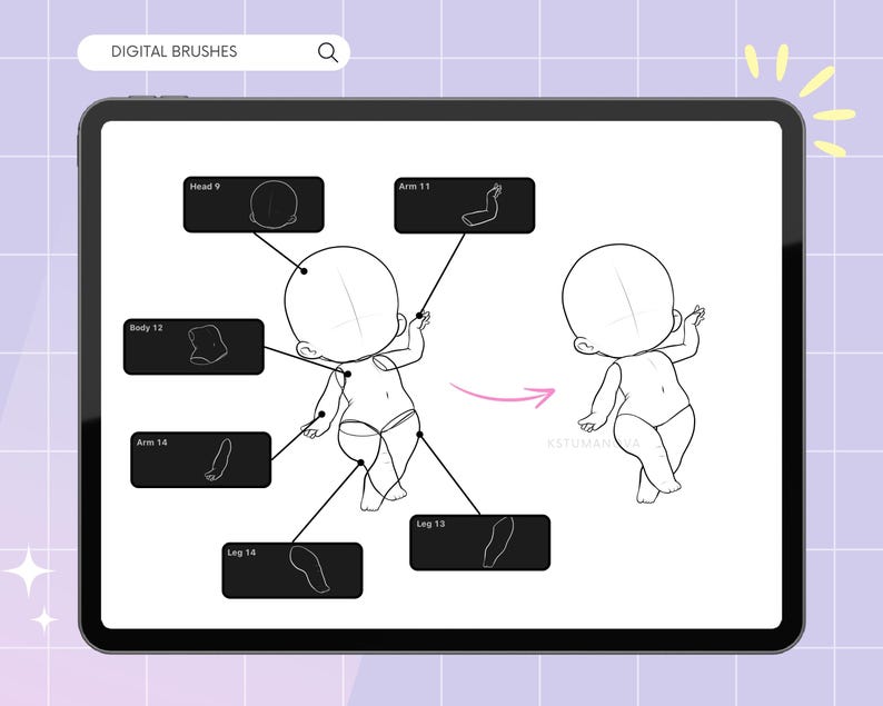 Op de afbeelding: Een digitale tablet toont een tutorial voor een lijntekening voor een chibi-personage. De tutorial bevat gelabelde lichaamsdelen zoals hoofd, arm en been. De tekst "DIGITAL BRUSHES" staat bovenaan. De achtergrond is lichtpaars.