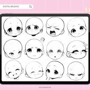Pennelli Procreate per emoticon chibi. Timbri Procreate per testa chibi, timbri Procreate per emozioni facciali chibi. Pennelli Procreate per anime e manga. immagine 2