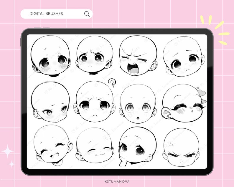 Pennelli Procreate per emoticon chibi. Timbri Procreate per testa chibi, timbri Procreate per emozioni facciali chibi. Pennelli Procreate per anime e manga. immagine 2