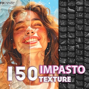 Op de afbeelding: Een digitale illustratie van een vrouwen gezicht met een gesplitst beeld dat het verschil laat zien tussen een schilderij met en zonder impasto-textuur. De afbeelding is gelabeld met "150 IMPASTO TEXTURE".