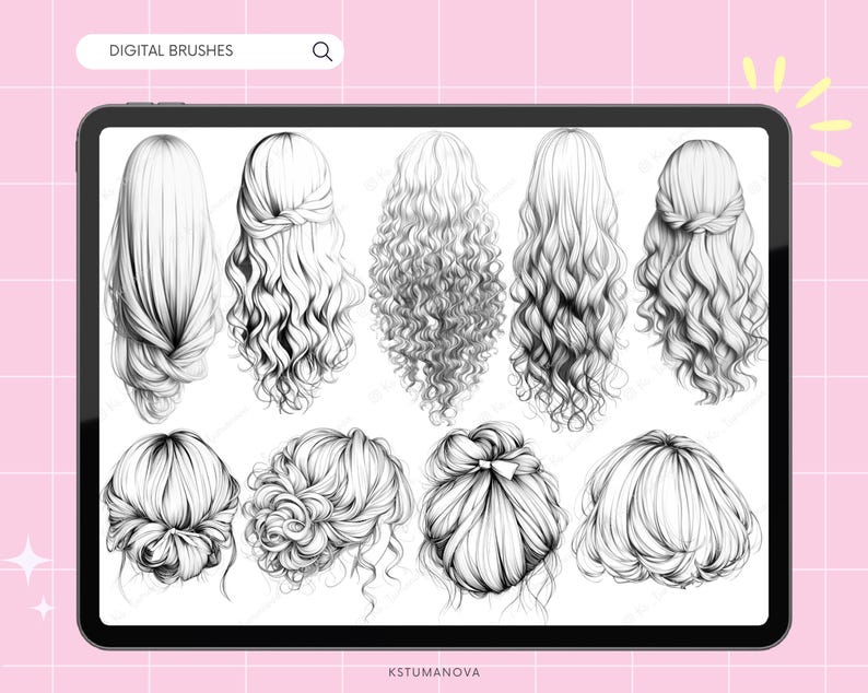 180+ Female Hair Photoshop Brushes, Procreate Hairstyle Stamps. CSP Digital Brush image 2
