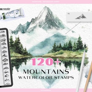 May include: Digital watercolor stamps for Procreate featuring mountain designs. The image shows a mountain landscape with a lake, trees, and a paint tube. The text reads "120+ Mountains Watercolor Stamps". A stylus and paintbrush are also included.