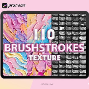 Könnte beinhalten: Der Bildschirm eines digitalen Tablets zeigt eine Werbung für die Procreate-App mit 110 Pinselstrichtexturen. Das Bild zeigt farbenfrohe abstrakte Pinselstriche und ein Raster mit Graustufen-Pinselstrichmustern.