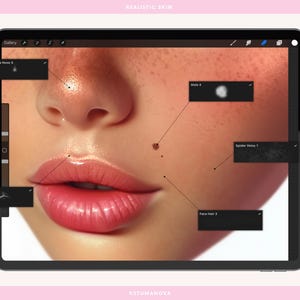 May include: A close-up of a digital illustration of a woman's face with realistic skin tones. The image is divided into sections with labels for different skin features, such as "Highlights Nose 4", "Highlights Lips 1", "Mole 4", "Spider Veins 1", and "Face Hair 2".