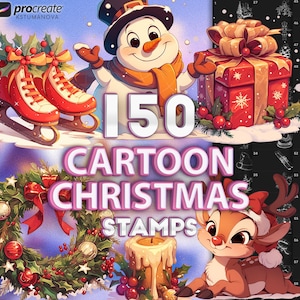 Procreate cartoon Christmas stamps. Procreate cartoon character brushes. Procreate xmas tree, snowman, wreath, bells, reindeer stamp brush