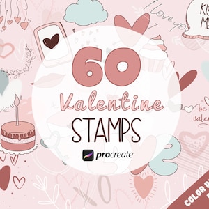 May include: A set of 60 Valentine's Day stamps for Procreate featuring hearts, cupcakes, and other cute illustrations in pink, red, and white.