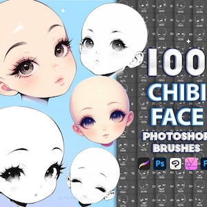 Photoshop Chibi Gesichtspinsel. Photoshop Chibi Anime Kopf Brushset. Digitale Pinsel, Clip Studio Paint, Affinity Photo, Procreate Chibi Stamp
