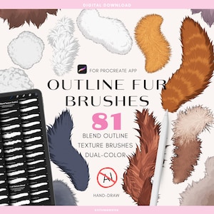 May include: A digital download set of 81 outline fur brushes for the Procreate app. The image displays various fur textures in white, brown, orange, and dark blue, alongside a tablet screen showing brush lists and a white stylus pen.