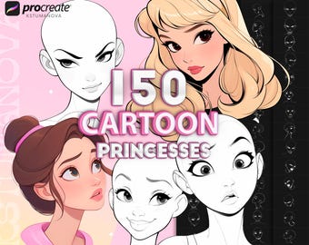 Procreate cartoon princess face brushes. Procreate cartoon head base stamps. Procreate cartoon girls princesses brush stamp