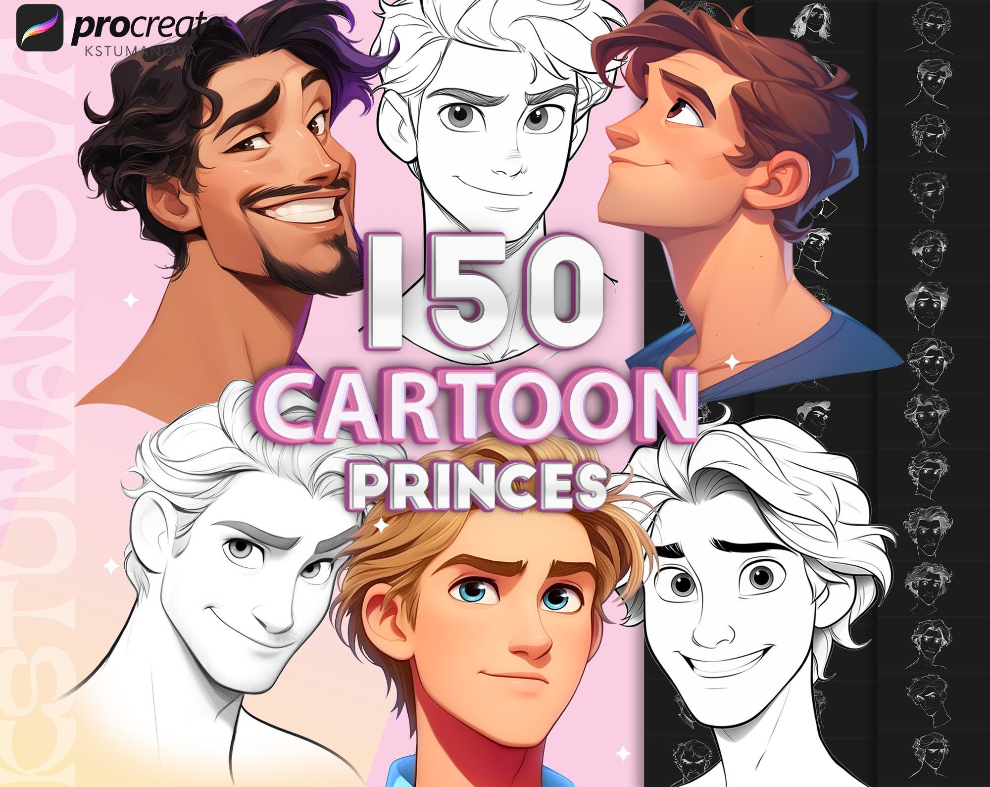 Procreate cartoon princes brushes. Procreate cartoon male heads stamps. Procreate cartoon boy prince  brush stamp. Procreate base head brush