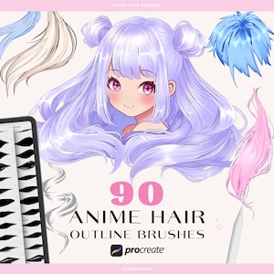 Cabelo de anime Procreate pincéis. Contorno de pincéis de anime Procreate. Carimbos de pincéis de cabelo de mangá Procreate. Carimbos de pincéis de penteados chibi Procreate