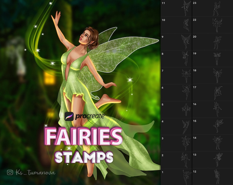 May include: A digital illustration of a green fairy with wings, holding a glowing orb. The fairy is surrounded by green foliage and glowing lights. The image includes the text "procreate FAIRIES STAMPS Ks_Tumanova" and a numbered grid of 23 fairy silhouettes.
