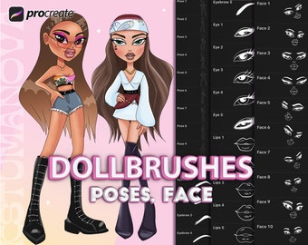Doll Procreate Brushes. Procreate poses, faces, eyes, lips stamps