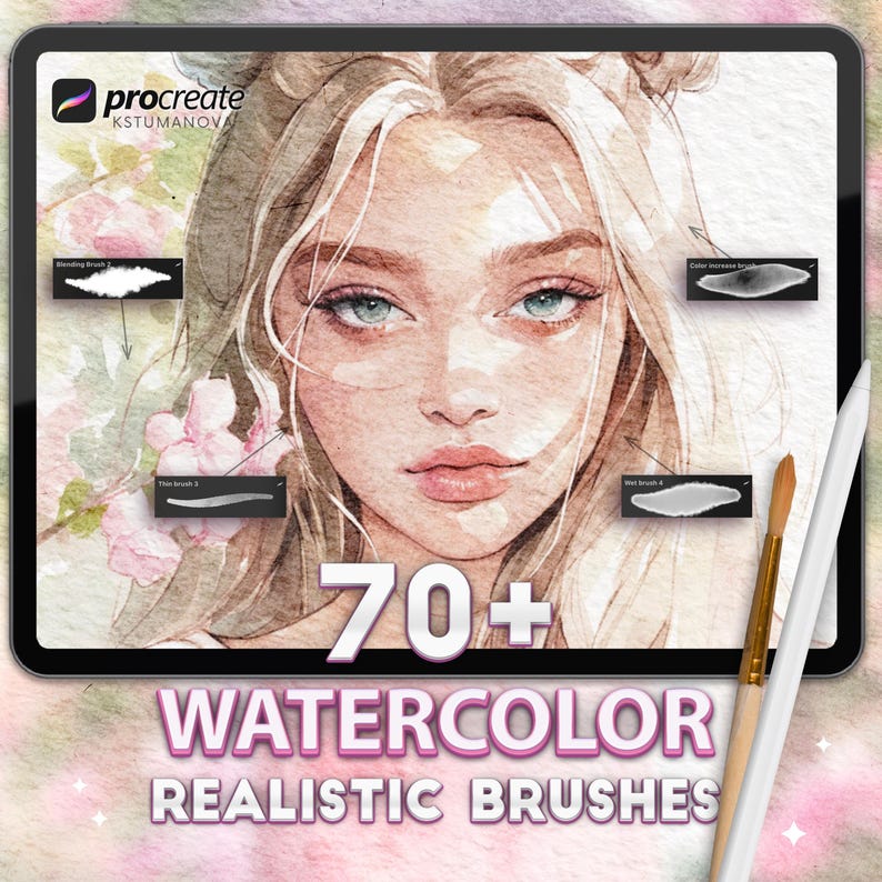 Op de afbeelding: Een digitale illustratie van een vrouwen gezicht in een zachte aquarelstijl. De afbeelding wordt gebruikt om een ​​set van meer dan 70 aquarelpenselen voor de Procreate-app te adverteren. De tekst "70+ Aquarel Realistische Penselen" wordt onder de afbeelding weergegeven.