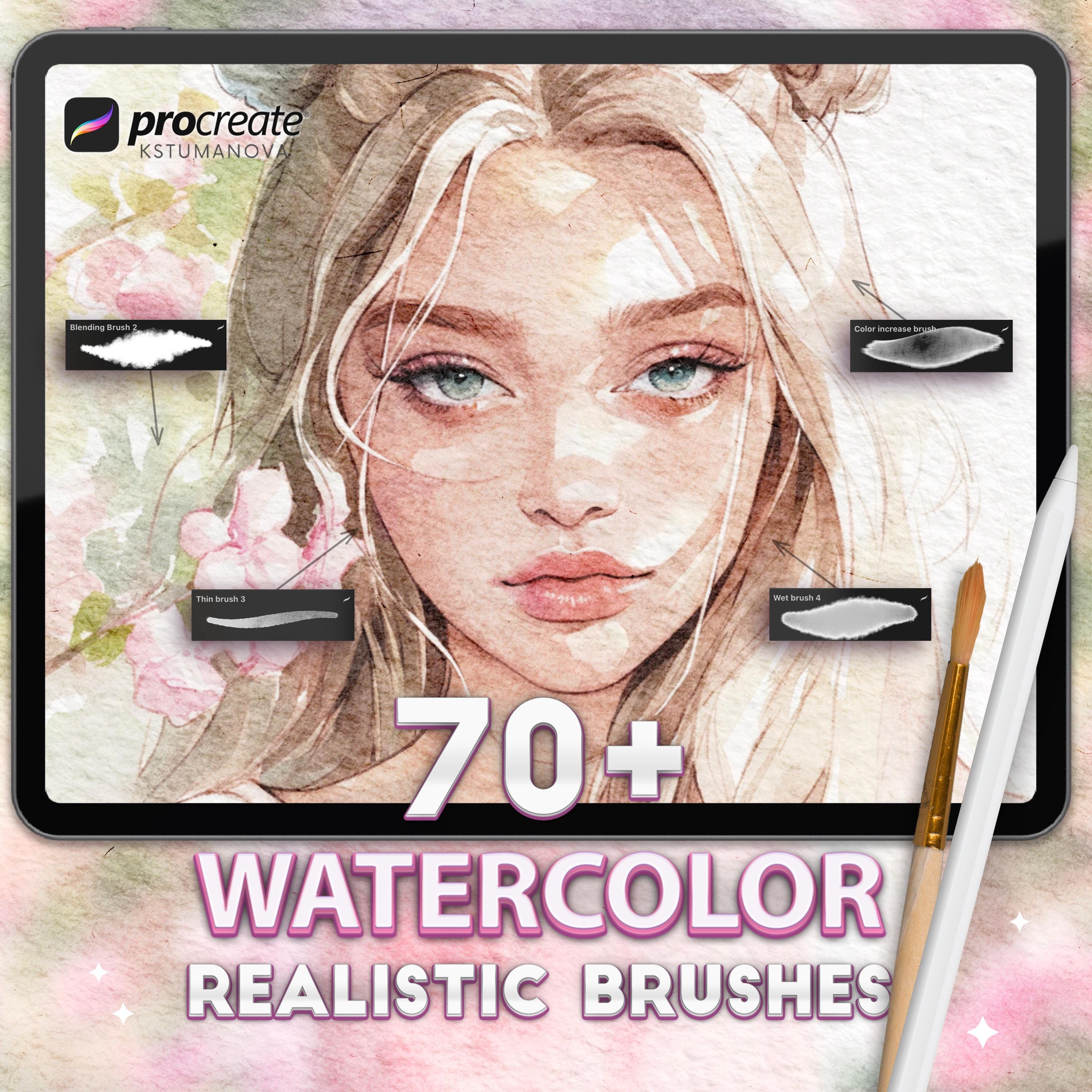 Procreate Realistic Watercolor Brushes & Textured Paper Canvas Set | 70+ Wet Watercolor Brushes, Stamps, and Texture Brushes
