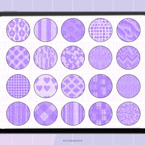 May include: A digital tablet screen displaying a grid of 20 purple circles, each with a different pattern. The patterns include stripes, polka dots, hearts, and geometric shapes.