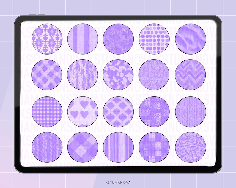 May include: A digital tablet screen displaying a grid of 20 purple circles, each with a different pattern. The patterns include stripes, polka dots, hearts, and geometric shapes.