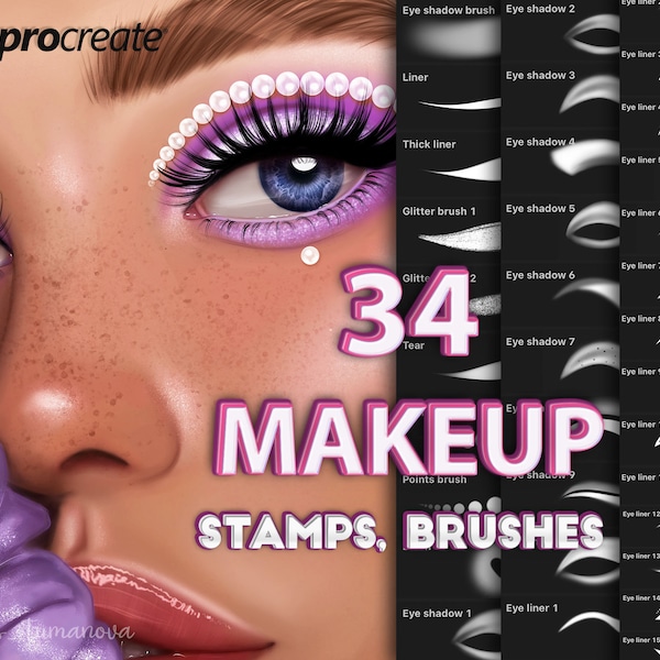 Procreate makeup brushes. Procreate eye makeup stamps. Eyeshadow, eyeliner, blush brush