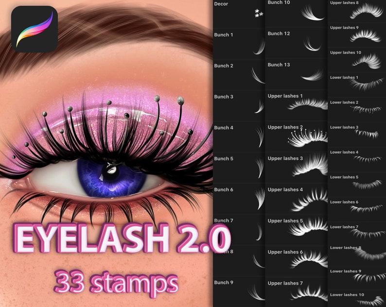 May include: A digital illustration of a close-up of an eye with pink eyeshadow and black eyelashes. The image includes 33 digital stamps of different eyelash styles, labeled "EYELASH 2.0" and "33 stamps".