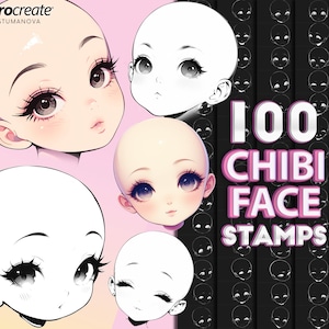 Op de afbeelding: Een set van 100 digitale stempels met verschillende expressies van chibi-gezichten. De stempels zijn zwart-wit en zijn gerangschikt in rijen op een zwarte achtergrond. De tekst "100 CHIBI FACE STAMPS" is geschreven in roze en witte letters.