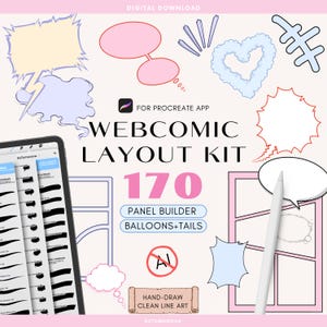 May include: A digital download webcomic layout kit for the Procreate app featuring 170 panel builder tools, speech balloons, and tails. The graphic includes various hand-drawn comic elements, a tablet interface, a stylus, and text labels.