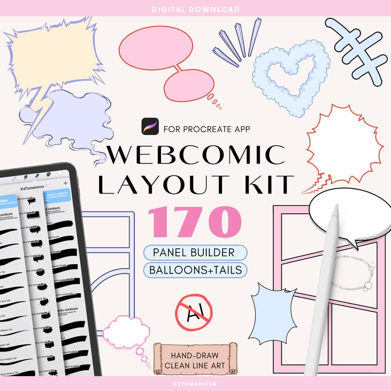 May include: A digital download webcomic layout kit for the Procreate app featuring 170 panel builder tools, speech balloons, and tails. The graphic includes various hand-drawn comic elements, a tablet interface, a stylus, and text labels.