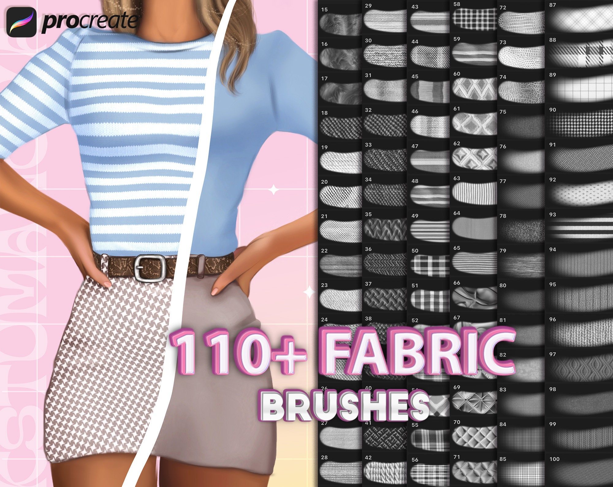 Set de pinceles de texturas de tela para Procreate – 110+ pinceles de textil, punto, cuero, piel y denim para iPad