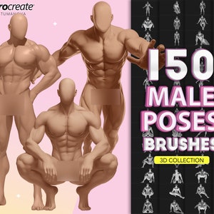 Procreate male body pose brushes. Procreate dynamic man poses stamps. Digital reference pose brush stamps