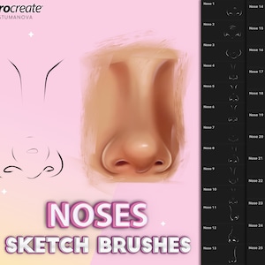 May include: A digital illustration of 25 different nose shapes, labelled "Nose 1" through "Nose 25". The illustration is on a pink background with the text "NOSES SKETCH BRUSHES" in white.