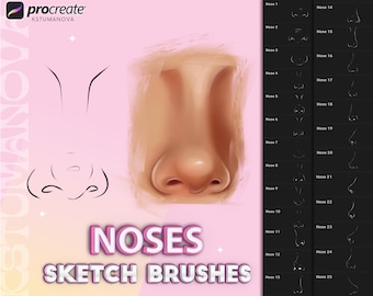 May include: A digital illustration of 25 different nose shapes, labeled "Nose 1" through "Nose 25". The illustration is on a pink background with the text "NOSES SKETCH BRUSHES" in white.