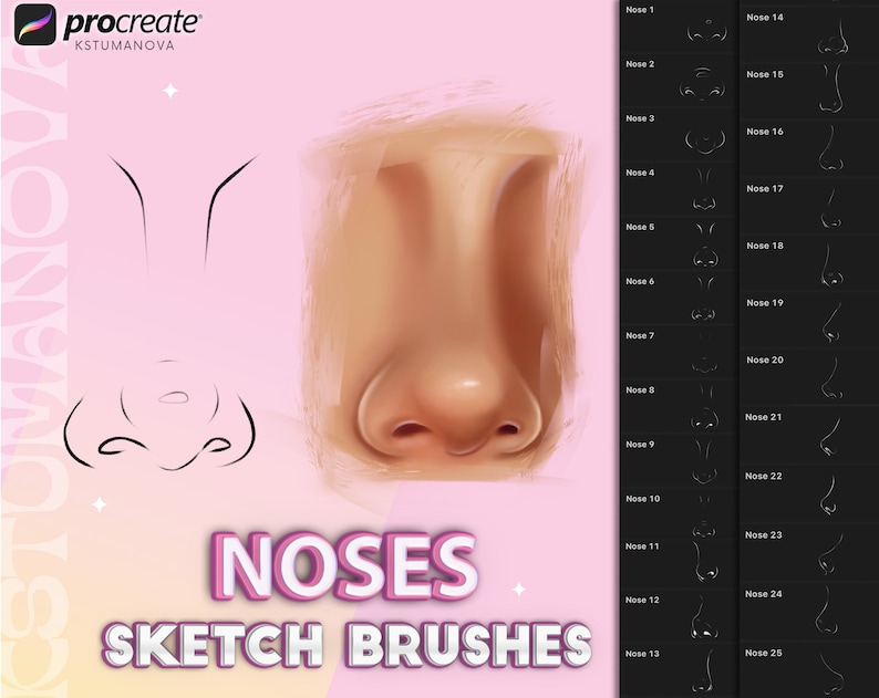 May include: A digital illustration of 25 different nose shapes, labelled "Nose 1" through "Nose 25". The illustration is on a pink background with the text "NOSES SKETCH BRUSHES" in white.