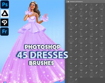 Photoshop-kledingborstels. Photoshop-vrouwtje poseert met penselen. Digitale penselen voor Fresco en Clip Studio Paint, Affinity Photo, Procreate