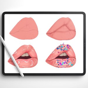 May include: Four different stages of a digital illustration of lips. The first two stages show a pink lip with a natural look. The third stage shows a pink lip with a glossy finish. The final stage shows a pink lip with a glossy finish and blue and purple glitter.