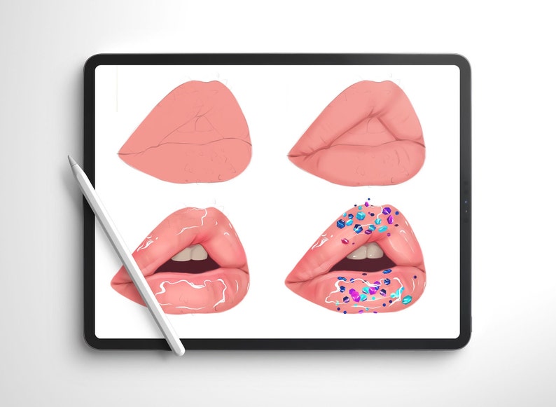 May include: Four different stages of a digital illustration of lips. The first two stages show a pink lip with a natural look. The third stage shows a pink lip with a glossy finish. The final stage shows a pink lip with a glossy finish and blue and purple glitter.