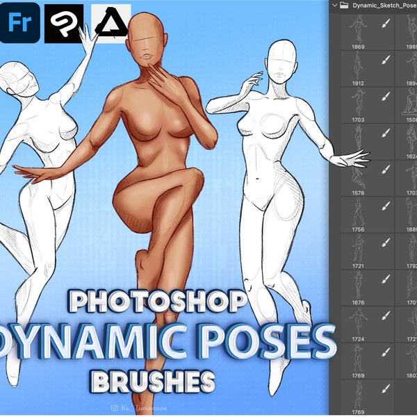 Photoshop poses brushes. Dynamic female pose brush. Digital brushes for Fresco and Clip Studio Paint, Affinity Photo, Procreate